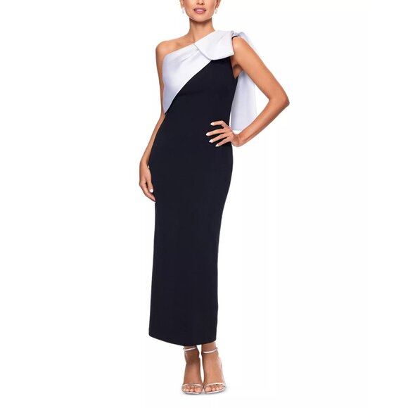 248$ AQUA Bow Trim One Shoulder Bodycon Maxi Dress Size 10 Black White - Picture 2 of 5